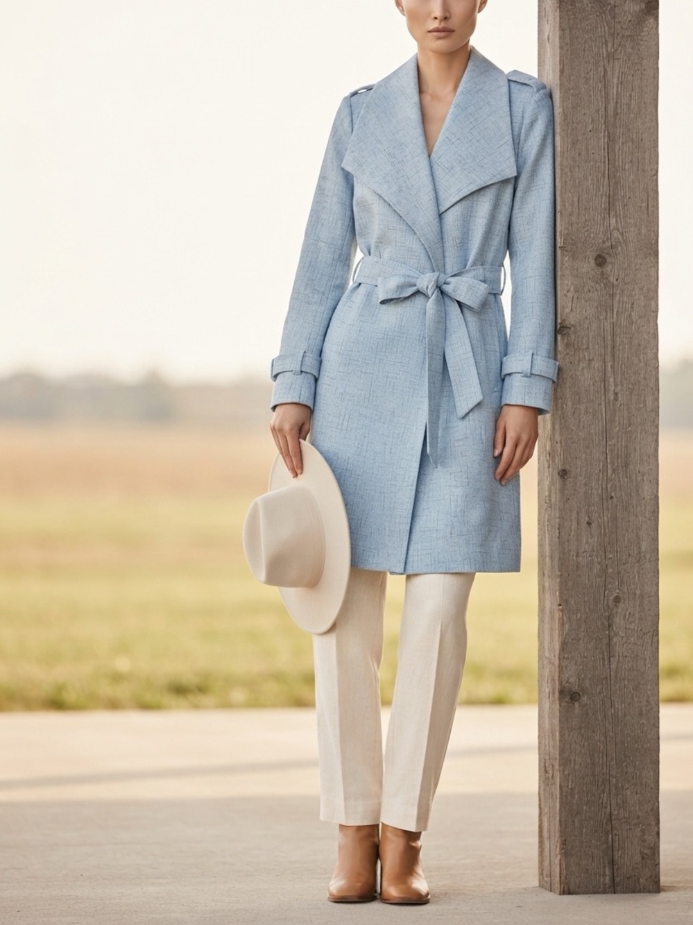 HALOGEN Drape Lapel Tie Waist Topper Coat in Smoke Blue